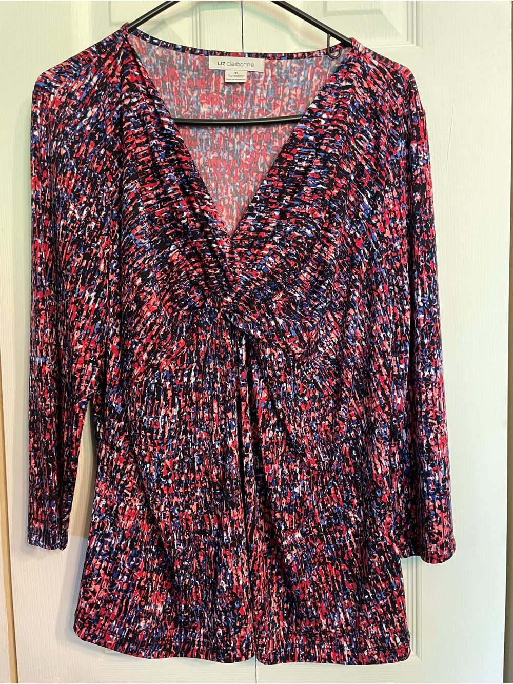 Liz Claiborne Red and Blue Abstract V-Neck Long Sleeve Top